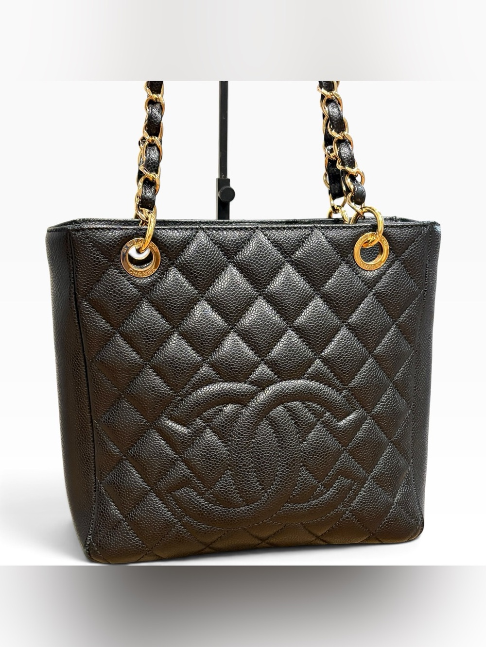 CHANEL Petite Shopper Tote Black Caviar Leather Gold Chain